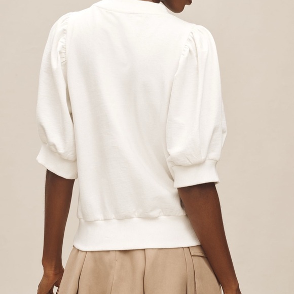 NWOT. By Anthropologie Puff-Sleeve Embellished Elbow-Sleeve Sweatshirt cream - Picture 3 of 8